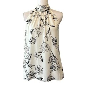 WHBM Mock Neck Sleeveless Halter Top SZ Small in White Black Floral Print